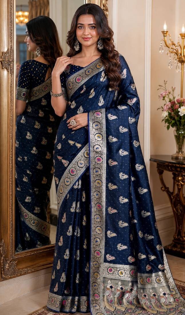 Blue soft silk blend banarasi jacuard work festive saree with unstitched blouse piece