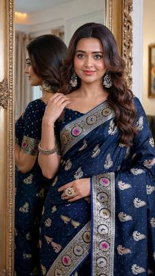 Blue soft silk blend banarasi jacuard work festive saree with unstitched blouse piece 2