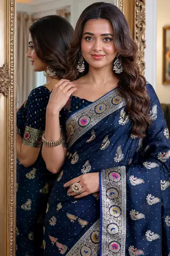 Blue soft silk blend banarasi jacuard work festive saree with unstitched blouse piece