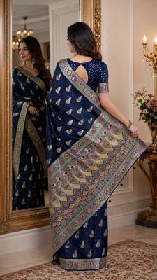 Blue soft silk blend banarasi jacuard work festive saree with unstitched blouse piece 3