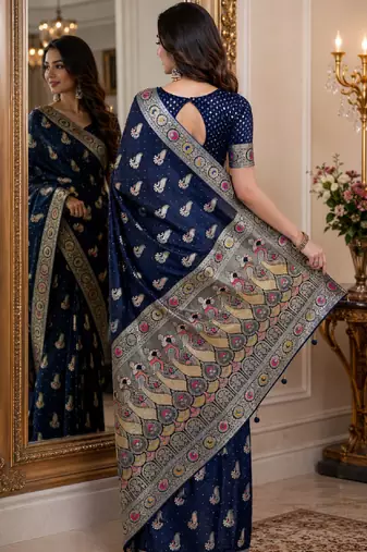 Blue soft silk blend banarasi jacuard work festive saree with unstitched blouse piece