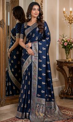 Blue soft silk blend banarasi jacuard work festive saree with unstitched blouse piece 4