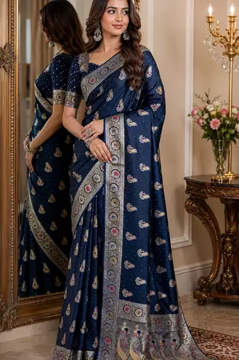 Blue soft silk blend banarasi jacuard work festive saree with unstitched blouse piece