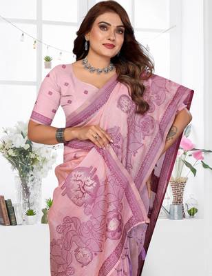 pink spun cotton blend woven designer ethnic traditional saree 3
