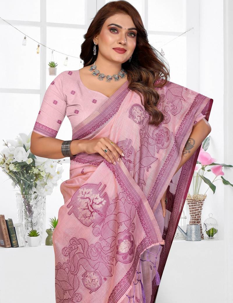 pink spun cotton blend woven designer ethnic traditional saree