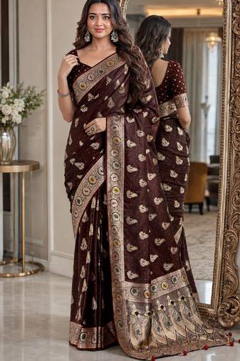 Maroon soft silk blend banarasi jacuard work festive saree with unstitched blouse piece