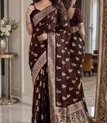 Maroon soft silk blend banarasi jacuard work festive saree with unstitched blouse piece