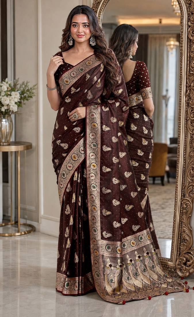 Maroon soft silk blend banarasi jacuard work festive saree with unstitched blouse piece