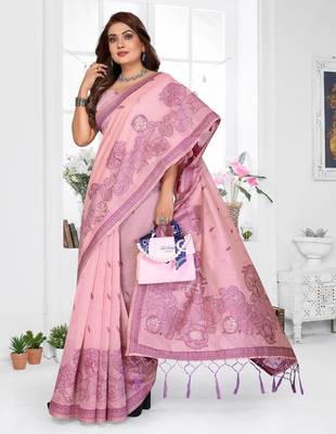 pink spun cotton blend woven designer ethnic traditional saree 4