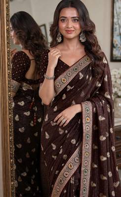 Maroon soft silk blend banarasi jacuard work festive saree with unstitched blouse piece 2