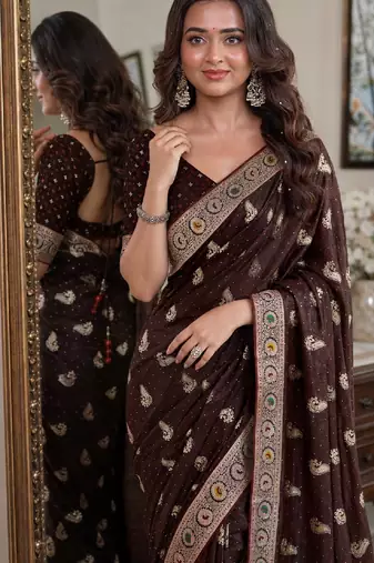 Maroon soft silk blend banarasi jacuard work festive saree with unstitched blouse piece