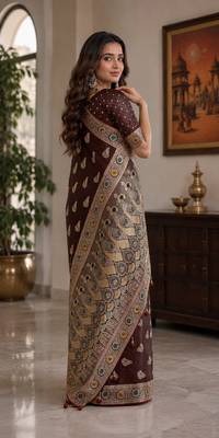 Maroon soft silk blend banarasi jacuard work festive saree with unstitched blouse piece 3