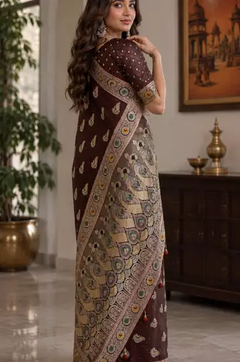 Maroon soft silk blend banarasi jacuard work festive saree with unstitched blouse piece