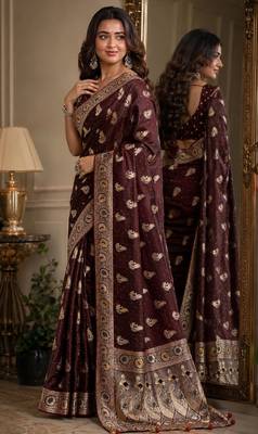 Maroon soft silk blend banarasi jacuard work festive saree with unstitched blouse piece 4