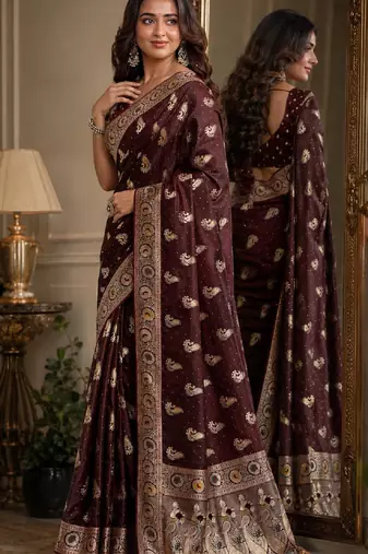 Maroon soft silk blend banarasi jacuard work festive saree with unstitched blouse piece