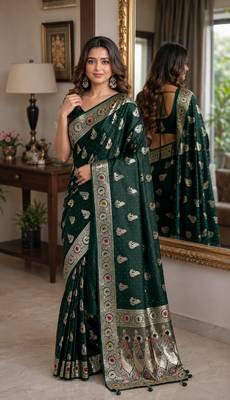 Green soft silk blend banarasi jacuard work festive saree with unstitched blouse piece 1