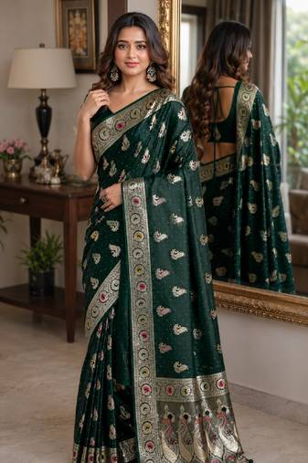 Green soft silk blend banarasi jacuard work festive saree with unstitched blouse piece