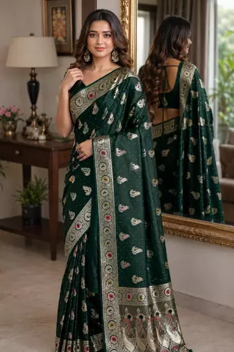 Green soft silk blend banarasi jacuard work festive saree with unstitched blouse piece
