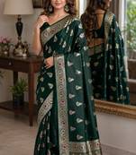 Green soft silk blend banarasi jacuard work festive saree with unstitched blouse piece