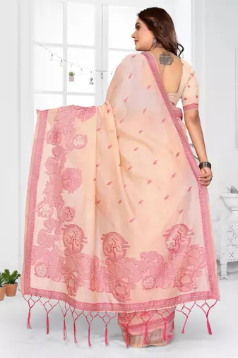 peach spun cotton blend woven designer ethnic traditional saree