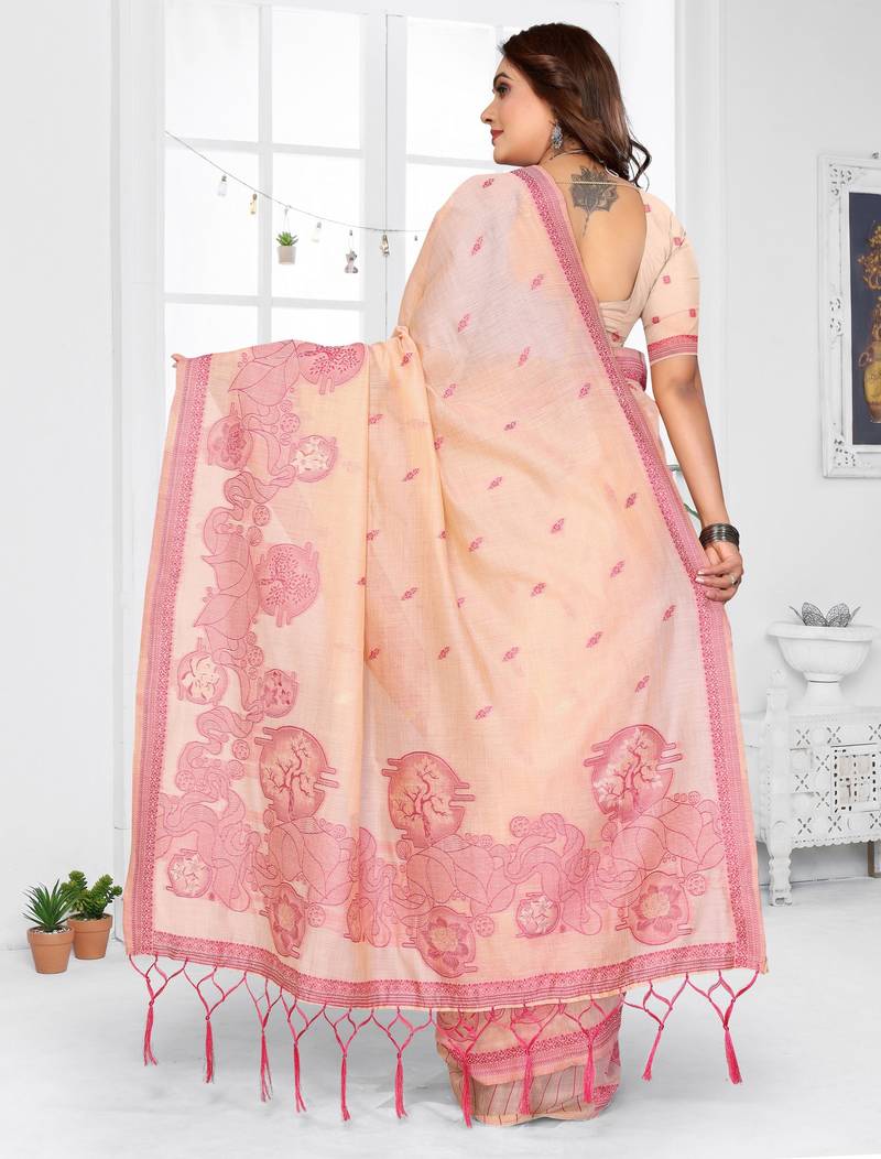 peach spun cotton blend woven designer ethnic traditional saree