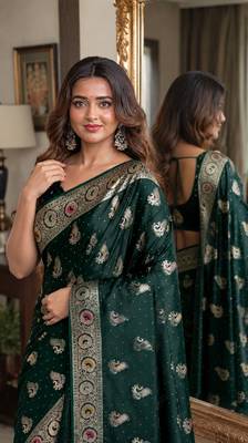 Green soft silk blend banarasi jacuard work festive saree with unstitched blouse piece 2