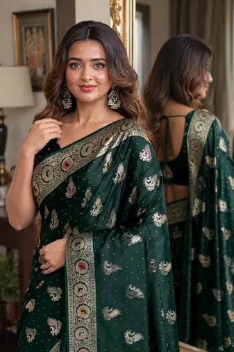 Green soft silk blend banarasi jacuard work festive saree with unstitched blouse piece