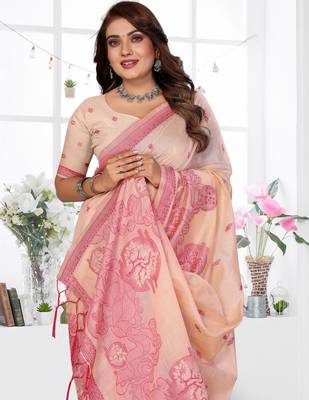 peach spun cotton blend woven designer ethnic traditional saree 3