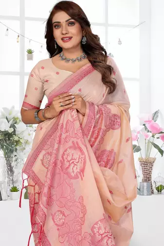 peach spun cotton blend woven designer ethnic traditional saree