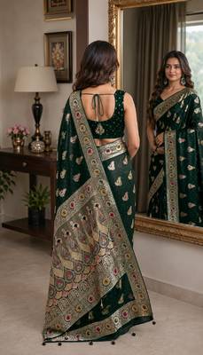 Green soft silk blend banarasi jacuard work festive saree with unstitched blouse piece 3