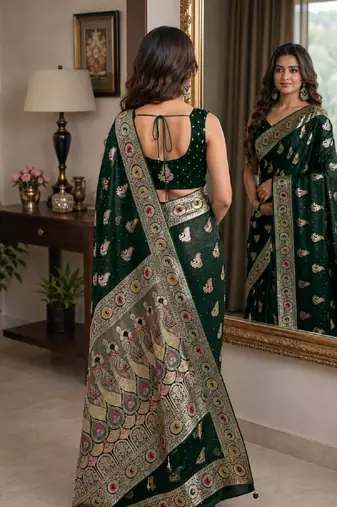 Green soft silk blend banarasi jacuard work festive saree with unstitched blouse piece