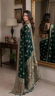 Green soft silk blend banarasi jacuard work festive saree with unstitched blouse piece 4