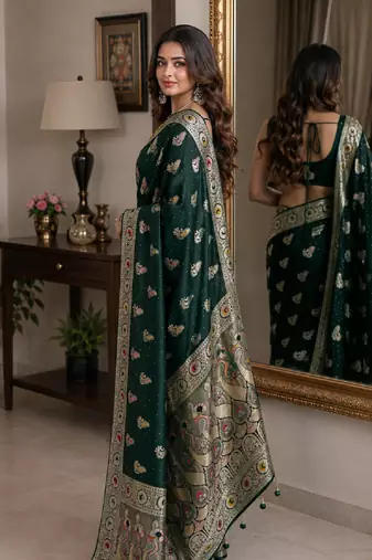 Green soft silk blend banarasi jacuard work festive saree with unstitched blouse piece