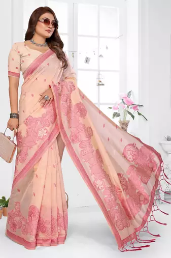 peach spun cotton blend woven designer ethnic traditional saree