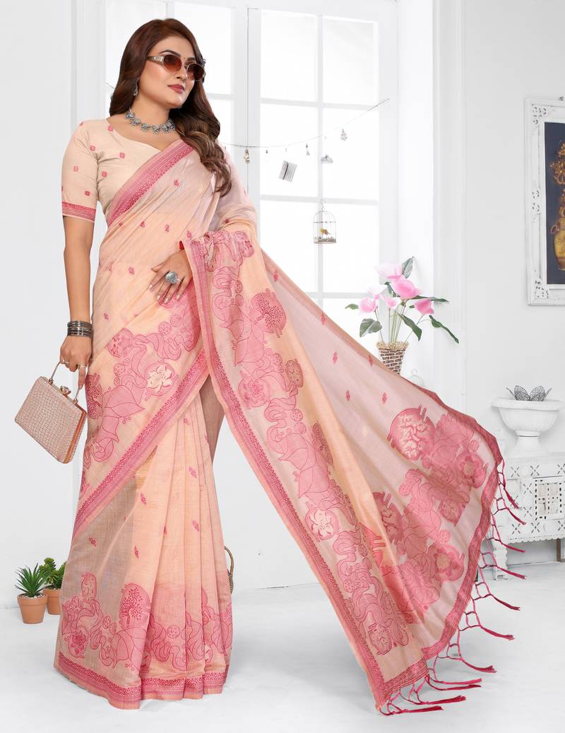peach spun cotton blend woven designer ethnic traditional saree