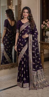 Plum soft silk blend banarasi jacuard work festive saree with unstitched blouse piece 1