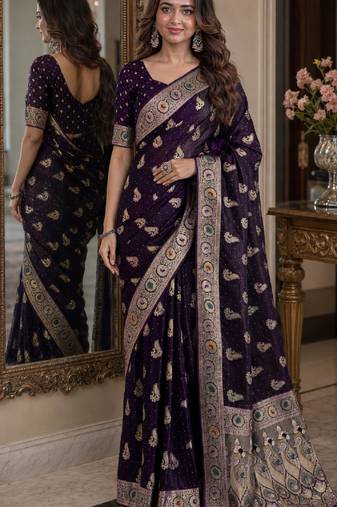 Plum soft silk blend banarasi jacuard work festive saree with unstitched blouse piece