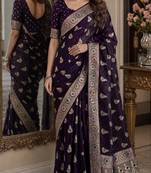 Plum soft silk blend banarasi jacuard work festive saree with unstitched blouse piece