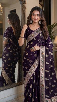 Plum soft silk blend banarasi jacuard work festive saree with unstitched blouse piece 2