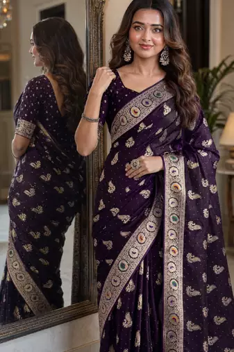 Plum soft silk blend banarasi jacuard work festive saree with unstitched blouse piece