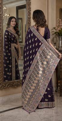 Plum soft silk blend banarasi jacuard work festive saree with unstitched blouse piece 3