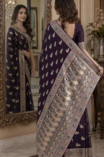 Plum soft silk blend banarasi jacuard work festive saree with unstitched blouse piece