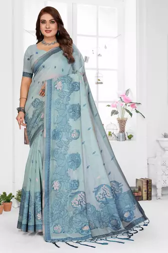 blue spun cotton blend woven designer ethnic traditional saree