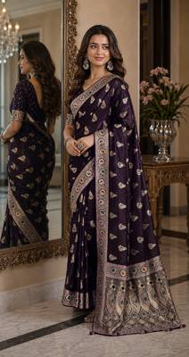 Plum soft silk blend banarasi jacuard work festive saree with unstitched blouse piece 4