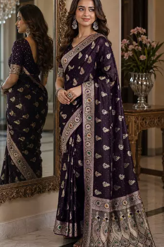 Plum soft silk blend banarasi jacuard work festive saree with unstitched blouse piece
