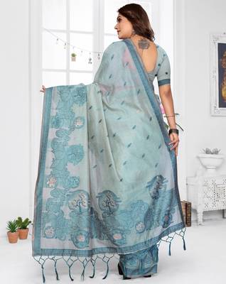 blue spun cotton blend woven designer ethnic traditional saree 2