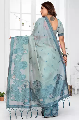 blue spun cotton blend woven designer ethnic traditional saree