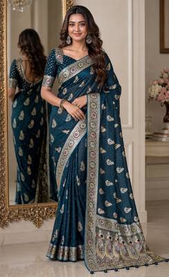 Rama soft silk blend banarasi jacuard work festive saree with unstitched blouse piece 1