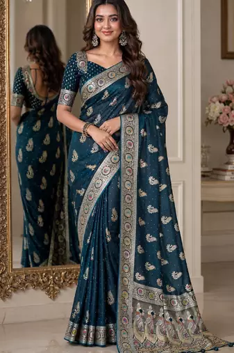 Rama soft silk blend banarasi jacuard work festive saree with unstitched blouse piece