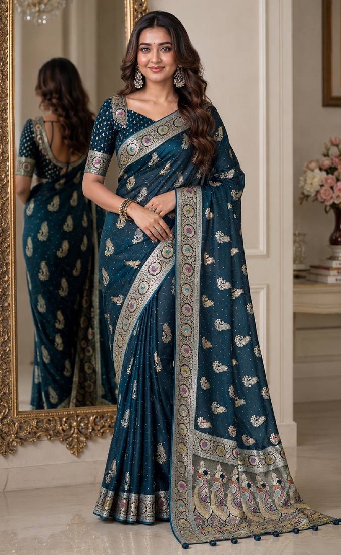 Rama soft silk blend banarasi jacuard work festive saree with unstitched blouse piece